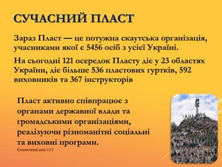 СУЧАСНИЙ ПЛАСТ
Зараз Пласт — це потужна скаутська організація,
учасниками якої є 5456 осіб з усієї Україні.
На сьогодні 121 осередок Пласту діє у 23 областях
України, діє більше 536 пластових гуртків, 592
виховників та 367 інструкторів
Пласт активно співпрацює з
органами державної влади та
громадськими організаціями,
реалізуючи різноманітні соціальні
та виховні програми.
Статистичні дані >>>
 