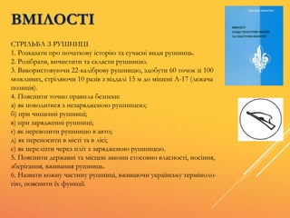ВМІЛОСТІ
СТРІЛЬБА З РУШНИЦІ
1. Розказати про початкову історію та сучасні види рушниць.
2. Розібрати, вичистити та скласти рушницю.
3. Використовуючи 22-каліброву рушницю, здобути 60 точок зі 100
можливих, стріляючи 10 разів з віддалі 15 м до мішені А-17 (лежача
позиція).
4. Пояснити точно правила безпеки:
а) як поводитися з незарядженою рушницею;
б) при чищенні рушниці;
в) при зарядженні рушниці;
г) як перевозити рушницю в авто;
д) як переносити в місті та в лісі;
е) як перелізти через пліт з зарядженою рушницею.
5. Пояснити державні та місцеві закони стосовно власності, носіння,
зберігання, вживання рушниць.
6. Назвати кожну частину рушниці, вживаючи українську терміноло-
гію, пояснити їх функції.
 