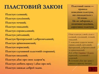 ПЛАСТОВИЙ ЗАКОН
Пластун словний;
Пластун сумлінний;
Пластун точний;
Пластун ощадний;
Пластун справедливий;
Пластун увічливий;
Пластун братерський і доброзичливий;
Пластун зрівноважений;
Пластун корисний;
Пластун слухняний пластовій старшині;
Пластун пильний;
Пластун дбає про своє здоров'я;
Пластун любить красу і дбає про неї;
Пластун завжди доброї гадки.
Пластовий закон —
правила
поведінки пластуна,
що скаладається з
14 точок.
Це не заборони, а
позитивні вказівки,
дороговказ пластуна
Отже пластун у своїх ділах є
словний, сумлінний, точний,
ощадний.
У поведінці супроти інших
справедливий, ввічливий,
братерський, доброзичливий
та зрівноважений.
Для добра України і Пласту
корисний, слухняний і
здоровий.
В оточенні дбає про красу і
завжди в гарному настрої.
 