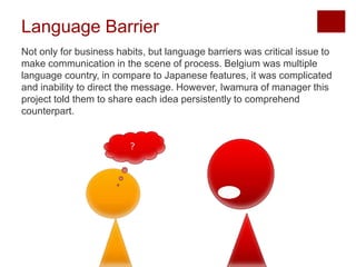 Language Barrier
Not only for business habits, but language barriers was critical issue to
make communication in the scene of process. Belgium was multiple
language country, in compare to Japanese features, it was complicated
and inability to direct the message. However, Iwamura of manager this
project told them to share each idea persistently to comprehend
counterpart.
？
 