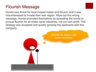 Flourish Message
Honda was threat for local moped maker and drivers, and it was
misunderstood to invade their own region. Wipe out this wrong
message, Honda promoted themselves as spreading the words to
pursue flourish for all motor-cycle industries, not our own profit. This
strategy was accepted and quickly growing the applicants with this
company.
Flourish for motor-cycle
entire industries.
 