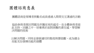 團體諮商意義
團體諮商是領導者與數名成員透過人際間交互溝通的活動
協助參與者探討問題及伴隨而來的感受，在全體參與者彼
此支持、回饋之中，培養勇於面對困難的責任感、學習解
決問題的技術
以解決問題，同時並發展適切的態度與價值觀、成為健全
而能充份發揮功能的個體
 