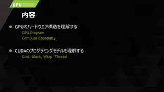 内容
 GPUのハードウエア構造を理解する
– GPU Diagram
– Compute Capability
 CUDAのプログラミングモデルを理解する
– Grid, Block, Warp, Thread
 