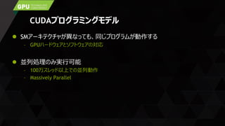 CUDAプログラミングモデル
 SMアーキテクチャが異なっても、同じプログラムが動作する
– GPUハードウェアとソフトウェアの対応
 並列処理のみ実行可能
– 100万スレッド以上での並列動作
– Massively Parallel
 