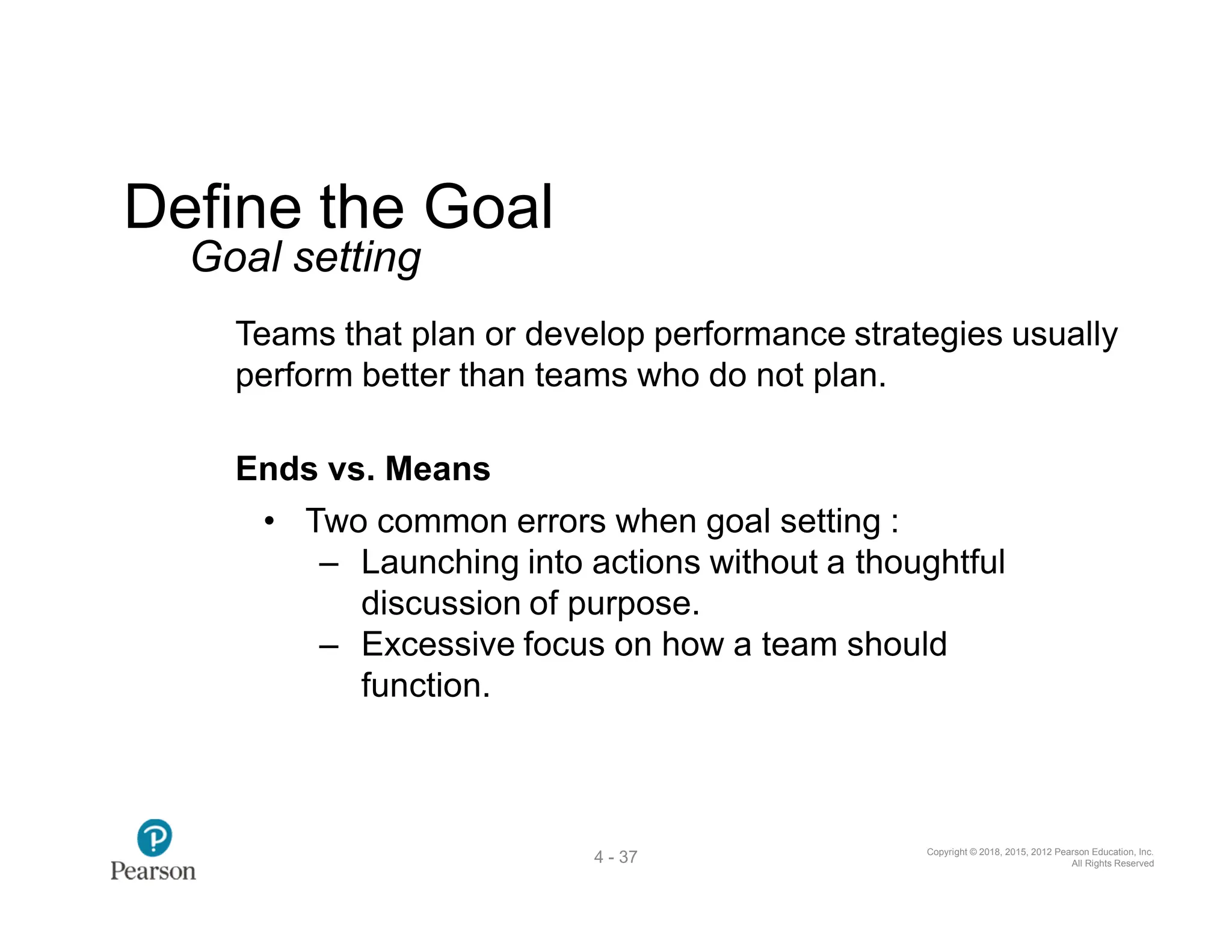 Copyright © 2018, 2015, 2012 Pearson Education, Inc.
All Rights Reserved
4 - 37
Define the Goal
Goal setting
Teams that plan or develop performance strategies usually
perform better than teams who do not plan.
Ends vs. Means
• Two common errors when goal setting :
‒ Launching into actions without a thoughtful
discussion of purpose.
‒ Excessive focus on how a team should
function.
 