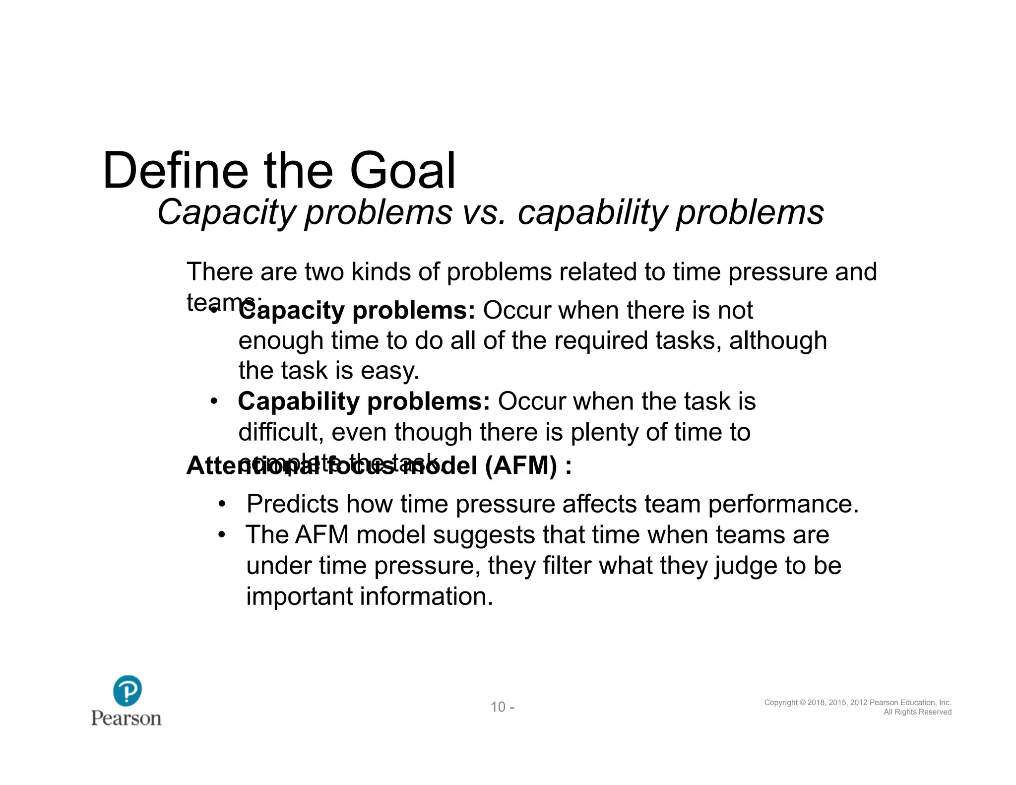 Copyright © 2018, 2015, 2012 Pearson Education, Inc.
All Rights Reserved
10 -
37
Define the Goal
Capacity problems vs. capability problems
There are two kinds of problems related to time pressure and
tea
•mC
s:
apacity problems: Occur when there is not
enough time to do all of the required tasks, although
the task is easy.
• Capability problems: Occur when the task is
difficult, even though there is plenty of time to
Atten
co
tim
on
pa
le
ltf
e
ot
c
hu
esta
m
so
k.
del (AFM) :
• Predicts how time pressure affects team performance.
• The AFM model suggests that time when teams are
under time pressure, they filter what they judge to be
important information.
 