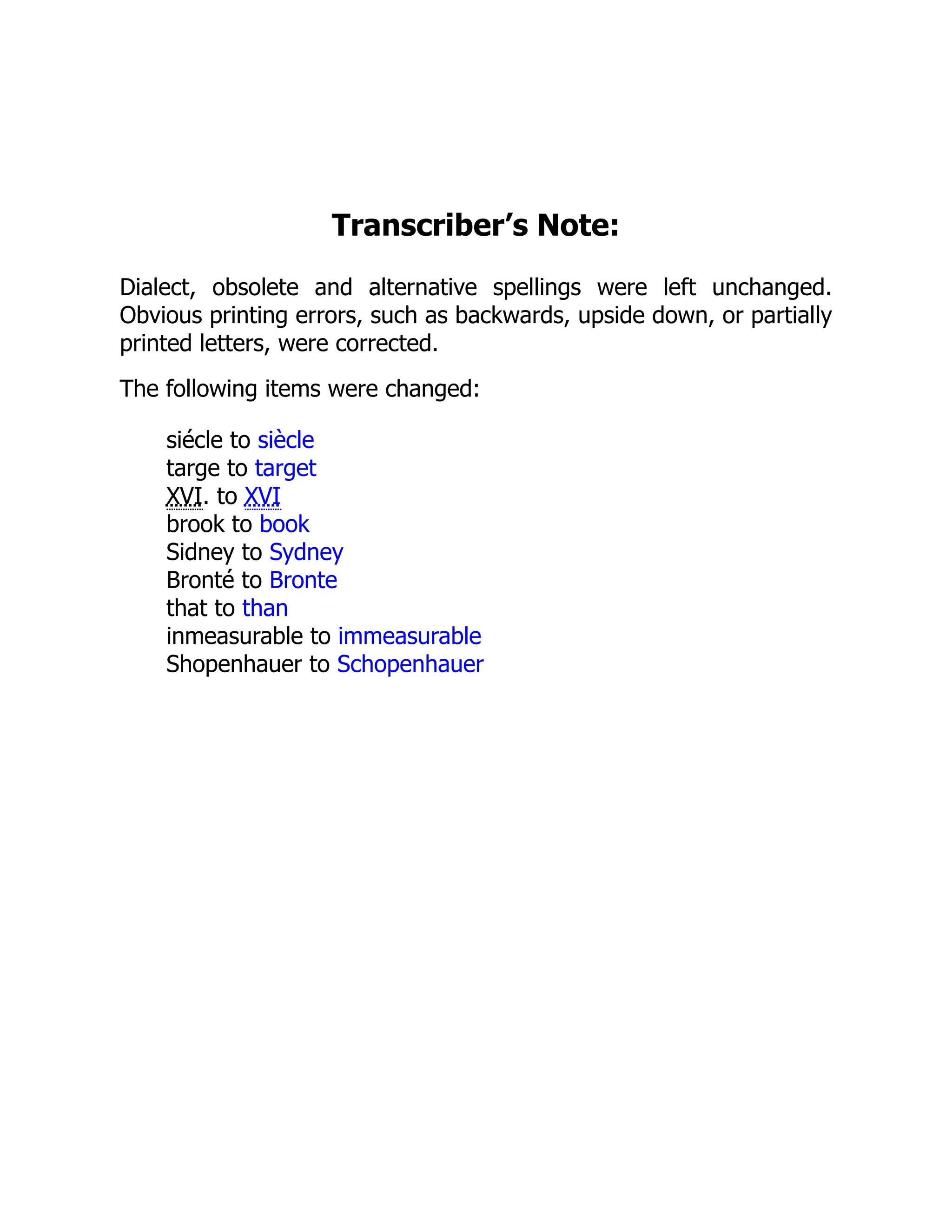 Transcriber’s Note:
Dialect, obsolete and alternative spellings were left unchanged.
Obvious printing errors, such as backwards, upside down, or partially
printed letters, were corrected.
The following items were changed:
siécle to siècle
targe to target
XVI. to XVI
brook to book
Sidney to Sydney
Bronté to Bronte
that to than
inmeasurable to immeasurable
Shopenhauer to Schopenhauer
 