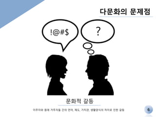 다문화의 문제점 
문화적 갈등 
6 
!@#$ ? 
이주자와 원래 거주자들 간의 언어, 제도, 가치관, 생활양식의 차이로 인한 갈등 
 