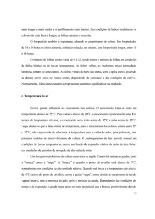 13
mais longas e mais verdes e o perfilhamento mais intenso. Em condições de baixas irradiâncias os
colmos são mais finos e longos, as folhas estreitas e amarelas.
O fotoperíodo também é importante, afetando o comprimento do colmo. Em fotoperíodos
de 10 a 14 horas o colmo aumenta, sofrendo redução, no entanto, em fotoperíodos longos, entre 16
e 18 horas.
O número de folhas verdes varia de 6 a 12, sendo menor o número de folhas em condições
de défice hídrico ou de baixas temperaturas. As folhas velhas, ao receberem pouca intensidade
luminosa, tornam-se senescentes. As folhas verdes do topo são eretas, com o ápice curvo, podendo
as demais serem mais ou menos eretas, dependendo da variedade e das condições de cultivo.
Normalmente, folhas eretas tendem a proporcionar aumentos significativos na produção.
c. Temperatura do ar
Exerce grande influência no crescimento dos colmos. O crescimento torna-se ereto em
temperaturas abaixo de 25o
C. Para valores abaixo de 20o
C, o crescimento é praticamente nulo. Em
termos de temperatura máxima, o crescimento seria lento acima de 35o
C e nulo acima de 38o
C.
Logo, deduz-se que a faixa ótima de temperatura, para o crescimento dos colmos, estaria entre 25o
e 35o
C, não esquecendo de relacionar a temperatura com a radiação solar, principalmente, nos
primeiros estádios de desenvolvimento da cultura. O prolongamento da fase juvenil, normal em
condições de baixas temperaturas, ocorre em função da expansão relativa da razão de área foliar,
em condições de períodos de recepção de alta radiação solar.
Um dos graves problemas da cultura canavieira na região Centro-Sul seriam as geadas, tanto
a “branca” como a “negra”. A “branca” é quando o ponto de orvalho está abaixo de 0o
C,
normalmente em condições de alta umidade relativa. Quando está baixa e a temperatura cair abaixo
de 0o
C (acima do ponto de orvalho), ocorre a geada “negra”, nome devido ao surgimento de tecido
vegetal escuro, sem a presença de gelo, após o período da geada. Dependendo das condições do
tempo e da exposição, a geada negra pode ser mais prejudicial que a branca, possivelmente devido
 