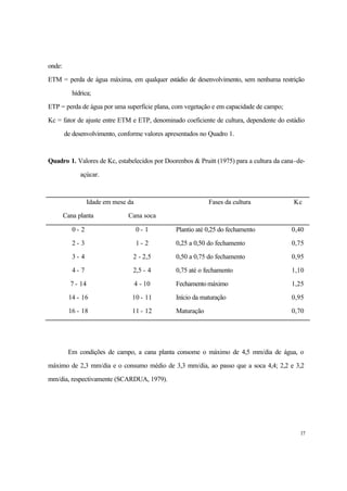 17
onde:
ETM = perda de água máxima, em qualquer estádio de desenvolvimento, sem nenhuma restrição
hídrica;
ETP = perda de água por uma superfície plana, com vegetação e em capacidade de campo;
Kc = fator de ajuste entre ETM e ETP, denominado coeficiente de cultura, dependente do estádio
de desenvolvimento, conforme valores apresentados no Quadro 1.
Quadro 1. Valores de Kc, estabelecidos por Doorenbos & Pruitt (1975) para a cultura da cana-de-
açúcar.
Idade em mese da Fases da cultura Kc
Cana planta Cana soca
0 - 2 0 - 1 Plantio até 0,25 do fechamento 0,40
2 - 3 1 - 2 0,25 a 0,50 do fechamento 0,75
3 - 4 2 - 2,5 0,50 a 0,75 do fechamento 0,95
4 - 7 2,5 - 4 0,75 até o fechamento 1,10
7 - 14 4 - 10 Fechamento máximo 1,25
14 - 16 10 - 11 Início da maturação 0,95
16 - 18 11 - 12 Maturação 0,70
Em condições de campo, a cana planta consome o máximo de 4,5 mm/dia de água, o
máximo de 2,3 mm/dia e o consumo médio de 3,3 mm/dia, ao passo que a soca 4,4; 2,2 e 3,2
mm/dia, respectivamente (SCARDUA, 1979).
 