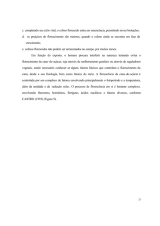 21
c. completado seu ciclo vital, o colmo florescido entra em senescência, permitindo novas brotações;
d. os prejuízos do florescimento são maiores, quando o colmo ainda se encontra em fase de
crescimento;
e. colmos florescidos não podem ser armazenados no campo, por muitos meses.
Em função do exposto, o homem procura interferir na natureza tentando evitar o
florescimento da cana-de-açúcar, seja através de melhoramento genético ou através de reguladores
vegetais, sendo necessário conhecer-se alguns fatores básicos que controlam o florescimento da
cana, desde a sua fisiologia, bem como fatores do meio. A florescência da cana-de-açúcar é
controlada por um complexo de fatores envolvendo principalmente o fotoperíodo e a temperatura,
além da umidade e da radiação solar.. O processo de florescência em si é bastante complexo,
envolvendo fitocromo, hormônios, florígeno, ácidos nucléicos e fatores diversos, conforme
CASTRO (1993) (Figura 9).
 