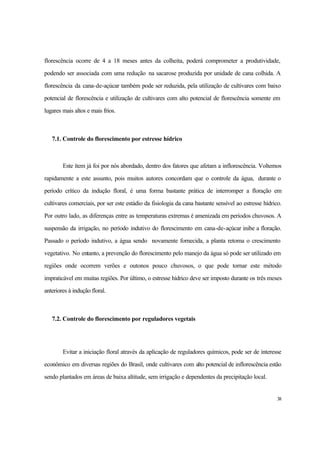 38
florescência ocorre de 4 a 18 meses antes da colheita, poderá comprometer a produtividade,
podendo ser associada com uma redução na sacarose produzida por unidade de cana colhida. A
florescência da cana-de-açúcar também pode ser reduzida, pela utilização de cultivares com baixo
potencial de florescência e utilização de cultivares com alto potencial de florescência somente em
lugares mais altos e mais frios.
7.1. Controle do florescimento por estresse hídrico
Este ítem já foi por nós abordado, dentro dos fatores que afetam a inflorescência. Voltemos
rapidamente a este assunto, pois muitos autores concordam que o controle da água, durante o
período crítico da indução floral, é uma forma bastante prática de interromper a floração em
cultivares comerciais, por ser este estádio da fisiologia da cana bastante sensível ao estresse hídrico.
Por outro lado, as diferenças entre as temperaturas extremas é amenizada em períodos chuvosos. A
suspensão da irrigação, no período indutivo do florescimento em cana-de-açúcar inibe a floração.
Passado o período indutivo, a água sendo novamente fornecida, a planta retoma o crescimento
vegetativo. No entanto, a prevenção do florescimento pelo manejo da água só pode ser utilizado em
regiões onde ocorrem verões e outonos pouco chuvosos, o que pode tornar este método
impraticável em muitas regiões. Por último, o estresse hídrico deve ser imposto durante os três meses
anteriores à indução floral.
7.2. Controle do florescimento por reguladores vegetais
Evitar a iniciação floral através da aplicação de reguladores químicos, pode ser de interesse
econômico em diversas regiões do Brasil, onde cultivares com alto potencial de inflorescência estão
sendo plantados em áreas de baixa altitude, sem irrigação e dependentes da precipitação local.
 