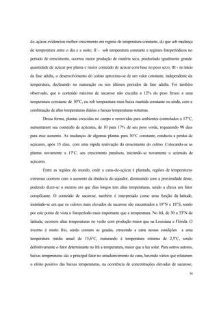 54
de-açúcar evidenciou melhor crescimento em regime de temperatura constante, do que sob mudança
de temperatura entre o dia e a noite; II - sob temperatura constante e regimes fotoperiódicos no
período de crescimento, ocorreu maior produção de matéria seca, produzindo igualmente grande
quantidade de açúcar por planta e maior conteúdo de açúcar com base no peso seco; III - no início
da fase adulta, o desenvolvimento do colmo aproxima-se de um valor constante, independente da
temperatura, declinando na maturação ou nos últimos períodos da fase adulta. Foi também
observado, que o conteúdo máximo de sacarose não excedia a 12% do peso fresco a uma
temperatura constante de 30o
C, ou sob temperatura mais baixa mantida constante ou ainda, com a
combinação de altas temperaturas diárias e baixas temperaturas noturnas.
Dessa forma, plantas crescidas no campo e removidas para ambientes controlados a 17o
C,
aumentaram seu conteúdo de açúcares, de 10 para 17% de seu peso verde, requerendo 90 dias
para esse aumento. As mudanças de algumas plantas para 30o
C constante, conduziu a perdas de
açúcares, após 35 dias, com uma rápida reativação do crescimento do colmo. Colocando-se as
plantas novamente a 17o
C, seu crescimento paralisou, iniciando-se novamente o acúmulo de
açúcares.
Entre as regiões do mundo, onde a cana-de-açúcar é plantada, regiões de temperaturas
extremas ocorrem com o aumento da distância do equador, diminuindo com a proximidade deste,
podendo dizer-se o mesmo em que dias longos tem altas temperaturas, sendo a chuva um fator
complicante. O conteúdo de sacarose, também é interpretado como uma função da latitude,
insistindo-se em que os valores mais elevados de sacarose são encontrados a 18o
N e 18o
S, sendo
por este ponto de vista o fotoperíodo mais importante que a temperatura. No Irã, de 30 a 33o
N de
latitude, ocorrem altas temperaturas no verão com produção maior que na Louisiana e Flórida. O
inverno é muito frio, sendo comum as geadas, crescendo a cana nessas condições a uma
temperatura média anual de 15,6o
C, maturando à temperatura mínima de 2,5o
C, sendo
definitivamente o fator determinante no Irã a temperatura, maior que a luz solar. Para outros autores,
baixas temperaturas são o principal fator no amadurecimento da cana, havendo vários que relataram
o efeito positivo das baixas temperaturas, na ocorrência de concentrações elevadas de sacarose,
 