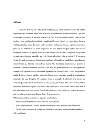 58
Glifosato
Glifosato (Polado), em 1980, fosfonometilglicina, de nome comum Glifosato, foi também
registrado como maturador para a cana-de-açúcar, revelando maior atividade em relação à glifosina,
aumentando o conteúdo de sacarose no colmo de cana de forma mais consistente e rápida. Este
produto possui translocação simplástica e apoplástica (floema e xilema), por toda a planta. Sua ação
fisiológica é inibir a síntese dos amino-ácidos aromáticos fenilalanina, tirosina e triptofano, formados a
partir da via metabólica do ácido chiquímico, via esta responsável pela síntese de todos os
compostos fenólicos da planta, além do ácido indol-acético (IAA) e compostos nitrogenados
secundários (poliaminas, alcalóides, etc.). O glifosate (Roundup) inibe a enzima EPSP (sintetase
fosfato do ácido enolpiruvato chiquímico), impedindo a formação do metabolismo secundário, ao
mesmo tempo que estimula a atividade da enzima PAL (fenilalanina amonioliase), o que leva a
aumentar a síntese de compostos fenólicos. Além disso, há grande diminuição da síntese protéica e
aumento de compostos tóxicos, estimulando a produção de etileno, levando a planta à degeneração
celular. Existem inúmeros trabalhos utilizando glifosate como maturador, levando à antecipação da
maturação da cana-de-açúcar. De qualquer forma, a aplicação do glifosate deve ocorrer em
condições pouco favoráveis à maturação da cana, ou seja, em março, abril e maio e em outubro e
novembro, no reinício do período chuvoso. Após a aplicação a área deve ser colhida entre 30 a 50
dias, devendo a cana, no momento da aplicação já estar com seu rendimento agrícola assegurado,
pois o produto provocará a paralização do seu desenvolvimento.
O Glifosato quando aplicado tem as seguintes características:
? translocação rápida tanto em mono como em dicotiledôneas
? nunca atinge estruturas celulares, só rotas bioquímicas, exceto desarranjo dos cloroplastos
? Não há efeitos marcantes do glifosato na fotossíntese, respiração, síntese de ácidos nucléicos e
sobre membranas
 