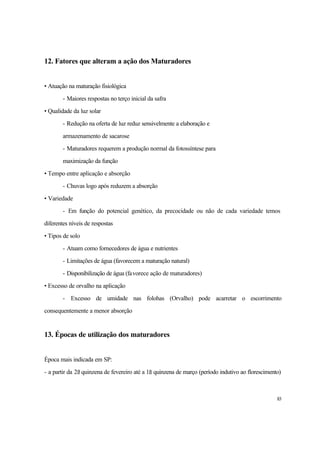 83
12. Fatores que alteram a ação dos Maturadores
• Atuação na maturação fisiológica
- Maiores respostas no terço inicial da safra
• Qualidade da luz solar
- Redução na oferta de luz reduz sensivelmente a elaboração e
armazenamento de sacarose
- Maturadores requerem a produção normal da fotossíntese para
maximização da função
• Tempo entre aplicação e absorção
- Chuvas logo após reduzem a absorção
• Variedade
- Em função do potencial genético, da precocidade ou não de cada variedade temos
diferentes níveis de respostas
• Tipos de solo
- Atuam como fornecedores de água e nutrientes
- Limitações de água (favorecem a maturação natural)
- Disponibilização de água (favorece ação de maturadores)
• Excesso de orvalho na aplicação
- Excesso de umidade nas folohas (Orvalho) pode acarretar o escorrimento
consequentemente a menor absorção
13. Épocas de utilização dos maturadores
Época mais indicada em SP:
- a partir da 2a quinzena de fevereiro até a 1a quinzena de março (período indutivo ao florescimento)
 