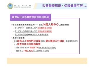 改善醫療環境、保障健康平等(1/4)
13
• 強化醫療照護資源連結轉介，提供以病人為中心之整合照護
− 至107年9月，約4.9萬人加入居家醫療整合照護
− 至107年9月超過1.9萬人加入急性後期照護計畫
− 至107年9月已逾9,000人加入安寧居家服務
• 推動分級醫療
• 推動區域以上醫院門診減量及建立雙向轉診支付誘因，鼓勵醫院及診所
成立垂直合作共同照護聯盟
― 基層診所就醫占率增加0.7%(63.25%增加至63.95%)
― 醫學中心下降0.49%(11.18%降至10.69%)
建置以社區為基礎的健康照護網絡
 