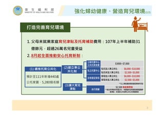 強化婦幼健康、營造育兒環境(2/2)
1. 父母未就業家庭育兒津貼及托育補助費用：107年上半年補助31
億餘元，超過26萬名兒童受益
2. 8月起全面推動安心托育新制：
打造完善育兒環境
3
(1) 續推托育公共化 (2)建立準公
共化制
(3)擴大育兒
津貼
預計至111年新增440處
公托家園、5,280個名額
 