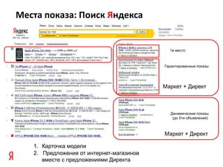Места показа: Поиск Яндекса


                                            1е место



                                          Гарантированные показы




                                          Маркет + Директ



                                            Динамические показы
                                             (до 5ти объявлений)



                                          Маркет + Директ

   1. Карточка модели
   2. Предложения от интернет-магазинов
      вместе с предложениями Директа
 