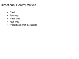 5
Directional Control Valves
• Check
• Two way
• Three way
• Four Way
• Proportional (not discussed)
 