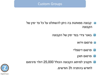Custom Groups
‫קבוצה‬‫ניתן‬ ‫בה‬ ‫ממותגת‬‫של‬ ‫ימין‬ ‫צד‬ ‫כל‬ ‫על‬ ‫להשתלט‬
‫הקבוצה‬
‫וידאו‬ ‫פרסום‬
‫באנר‬‫צידי‬‫הקבוצה‬ ‫של‬ ‫ימין‬ ‫בצד‬
‫פרסום‬‫דיספליי‬
‫תוכן‬ ‫פרסום‬
‫תקציב‬‫הכולל‬ ‫הקבוצה‬ ‫למיתוג‬25,000‫דולר‬‫מינימום‬
‫לחודש‬‫ל‬ ‫בהתניה‬3‫חודשים‬.
 