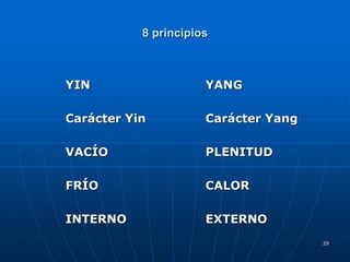 29
8 principios
YIN YANG
Carácter Yin Carácter Yang
VACÍO PLENITUD
FRÍO CALOR
INTERNO EXTERNO
 