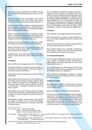 Licença de uso exclusivo para Petrobrás S/A
6   Cópia impressa pelo Sistema Target CENWeb                                                                         NBR 10719/1989


    6.4.2 As ilustrações compreendem as tabelas e figuras,                    6.5.7 A utilização de unidades de medida, grandezas, o
    além de fórmulas matemáticas, físicas e químicas, e sím-                  emprego de seus múltiplos e submúltiplos, bem como a
    bolos.                                                                    grafia e a forma de expressão de seus respectivos símbo-
                                                                              los, devem obedecer rigorosamente ao disposto no Qua-
    6.4.3 Toda ilustração deve ser localizada o mais próximo                  dro Geral de Unidades de Medidas, aprovado pela Reso-
    possível da parte do texto onde é citada, salvo quando,                   lução CONMETRO nº 12, de 12 de outubro de 1988, que
    por motivos de dimensão, isto não seja possível (ver 7.1).                se baseia nas resoluções, recomendações e declarações
                                                                              da Conferência Geral de Pesos e Medidas (realizada por
    6.4.4 No relatório técnico-científico, as ilustrações devem               força de Convenção Internacional do Metro, 1975).
    ser preparadas com a simplicidade e clareza possíveis e                   Resolução nº 11/88, de 12 de outubro, do CONMETRO.
    devem respeitar rigorosamente a normalização existente
    para cada tipo (tabelas e figuras).                                       6.6 Figuras

    6.4.4.1 É importante observar-se, ao preparar as ilustra-                 6.6.1 Constituem uma categoria específica de ilustração.
    ções, as condições necessárias para sua posterior redu-
    ção e os processos de reprodução a serem utilizados (fo-                  6.6.2 Compreendem as imagens visuais extensivas ao
    tocópias, xerocópias, impressão a cores, etc.).                           texto, como mapas, fotografias, desenhos, esquemas, dia-
                                                                              gramas, etc.
    6.4.4.2 Por causa das dificuldades de reprodução, devem
    ser evitadas as ilustrações fora do formato do relatório.                 6.6.3 As Figuras devem ser numeradas seqüencialmente
                                                                              ao longo do texto, independendo do tipo(5).
    6.4.5 As ilustrações devem ter numeração arábica se-
    qüencial ao longo da parte textual, independentemente                     6.6.4 A legenda deste tipo de ilustração compreende a
    para as tabelas e para as figuras.                                        palavra Figura, seguida do número e título corresponden-
                                                                              te, localizando-se sob a figura a que respeita.
    6.4.6 Não devem ser incluídas ilustrações que não sejam
    citadas no texto; neste caso, podem constar em material                   6.7 Citações bibliográficas
    anexo.
                                                                              6.7.1 As citações bibliográficas textuais servem para dar
    6.5 Tabelas                                                               maior clareza e autoridade ao texto, relacionando as
                                                                              idéias expostas com idéias defendidas em outros traba-
    6.5.1 Constituem uma categoria específica de ilustração.                  lhos, por outros autores.

    6.5.2 Todas as tabelas, numeradas consecutivamente, de-                   6.7.2 É indispensável que seja indicada a fonte de onde
    vem figurar no corpo do relatório e não devem conter na-                  foi extraída a citação, através da utilização de um sistema
    da além dos pontos considerados.                                          de chamada (numérico ou alfabético)(6).

    6.5.3 A apresentação das tabelas deve ser feita conforme                  6.7.3 As referências bibliográficas relativas às citações
    a NBR 6822.                                                               textuais devem ser apresentadas de acordo com o método
                                                                              de citação escolhido.
    6.5.4 Tabelas de altura excessiva, que não couberem em
    uma página, devem continuar na página seguinte. Neste                     6.8 Notas de rodapé
    caso, a tabela interrompida não é delimitada por traço
    horizontal na parte inferior e, após a expressão “continua”               6.8.1 Destinam-se a prestar esclarecimentos, comprovar
    ou “continuação”, o cabeçalho é repetido no princípio da                  uma afirmação ou justificar uma informação que não de-
    página seguinte.                                                          ve ser incluída no texto.

    6.5.5 Quando não for possível dispor a tabela na posição                  6.8.2 As notas devem limitar-se ao mínimo necessário.
    normal de leitura, ela deve ser apresentada de forma que
    a rotação do volume se efetue no sentido dos ponteiros                    6.8.3 As notas de rodapé são colocadas no pé da página,
    do relógio.                                                               separadas do texto por uma linha de aproximadamente
                                                                              1/3 da largura útil da página, a partir da margem esquerda.
    6.5.6 Tabelas de largura excessiva devem ser dispostas                    É recomendável que as remissões para o rodapé sejam
    em páginas de espelho (verso e frente confrontantes);                     feitas através de asteriscos superescritos para não se
    neste caso, as linhas devem ser numeradas na primeira                     confundirem, eventualmente, com outra numeração, caso
    e na última coluna.                                                       tenha sido utilizado o sistema numérico para citação(7).

    (5)
          Por exemplo: Figura 1 - Planta do setor gráfica.
                       Figura 2 - Fluxograma da impressão off-set.
                       Figura 3 - Foto de impressora off-set modelo X.
    (6)
          Por exemplo: a) sistema numérico: Lopes afirma que “ ... esse conjunto de hábitos que constituem o estilo individual depende da
                          hereditariedade ...”12. Tal afirmativa faz supor ...
                       b) sistema alfabético: Lopes (1945) afirma que “ ... esse conjunto de hábitos que constituem o estilo individual depende
                          de hereditariedade ...”. Tal afirmativa faz supor ...
    (7)
          Por exemplo: No texto: O radical grego táxis* está presente em inúmeras palavras de língua portuguesa ...
                       No rodapé: (*) Pronuncia-se tácsis ( x + cs).
 