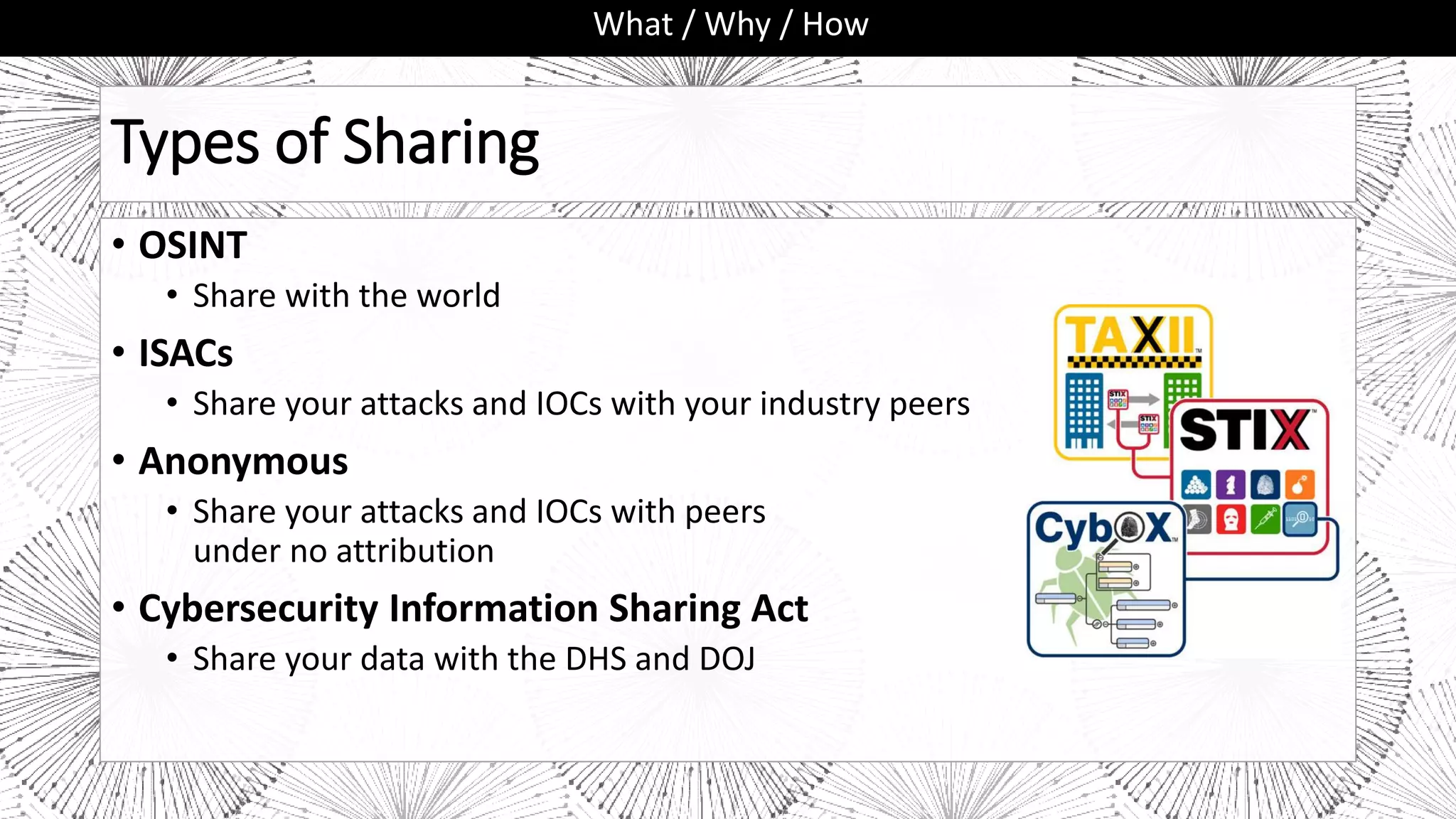 Types of Sharing
• OSINT
• Share with the world
• ISACs
• Share your attacks and IOCs with your industry peers
• Anonymous
• Share your attacks and IOCs with peers
under no attribution
• Cybersecurity Information Sharing Act
• Share your data with the DHS and DOJ
What / Why / How
 