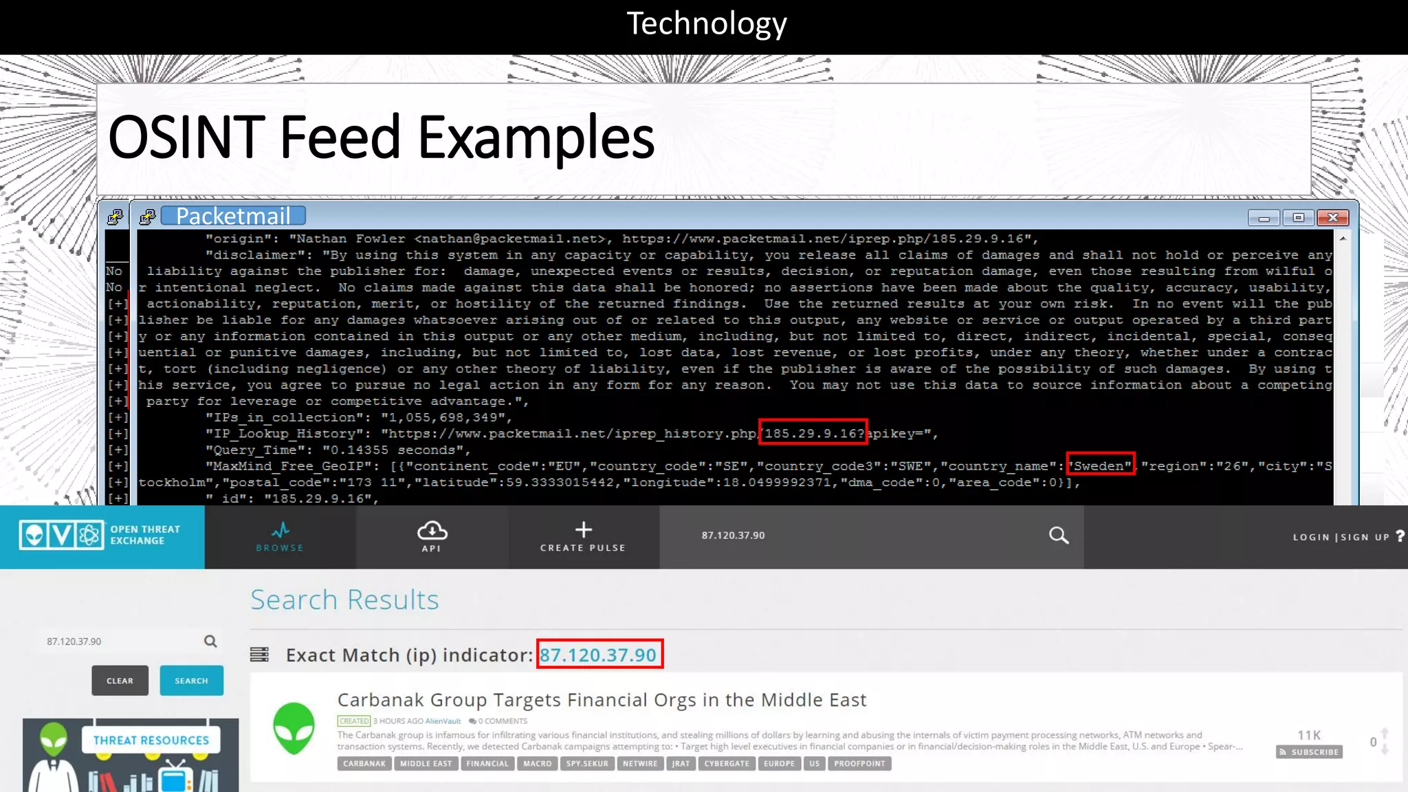 automaterPacketmailPacketmail
OSINT Feed Examples
Technology
 