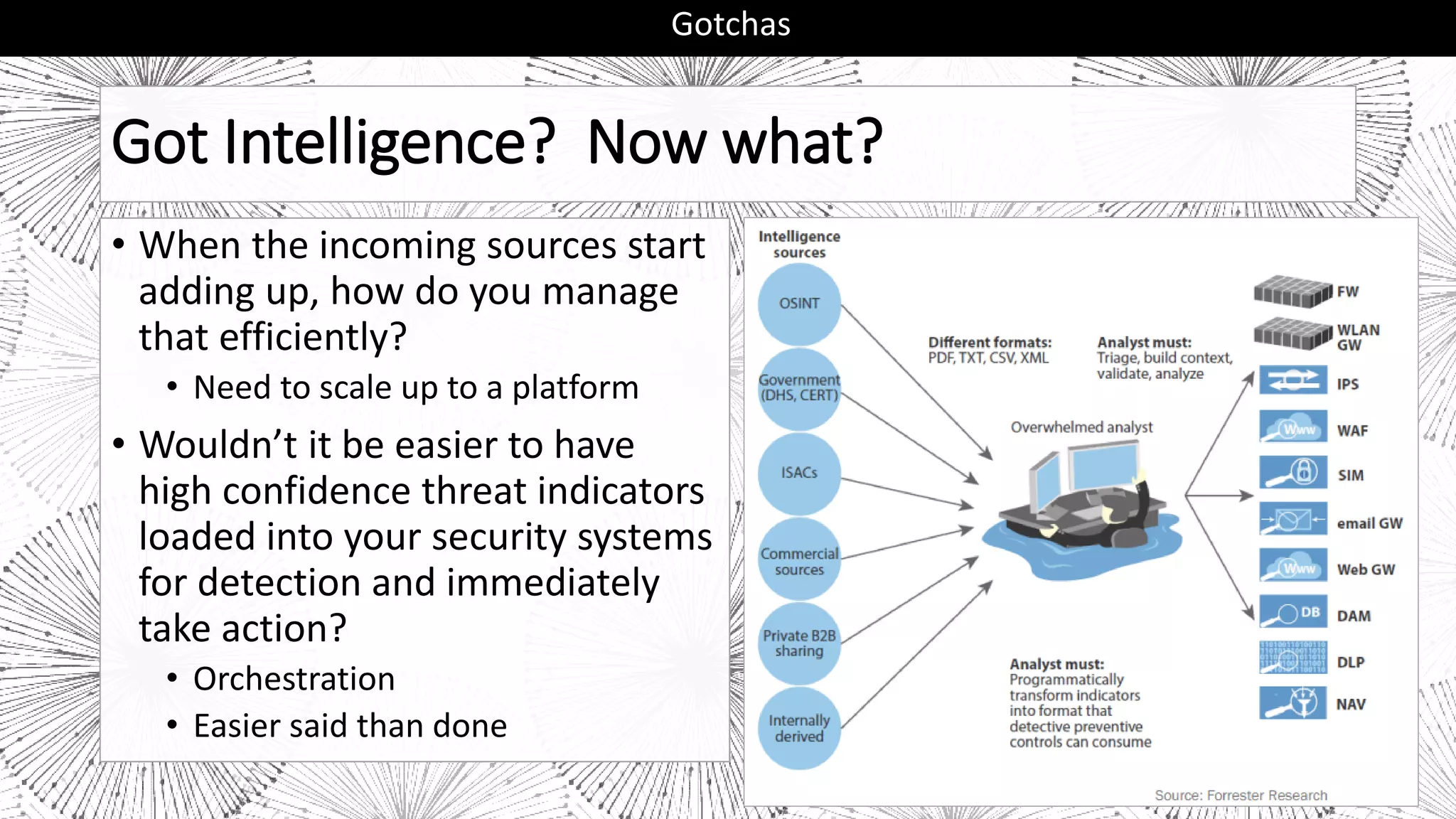 Got Intelligence? Now what?
• When the incoming sources start
adding up, how do you manage
that efficiently?
• Need to scale up to a platform
• Wouldn’t it be easier to have
high confidence threat indicators
loaded into your security systems
for detection and immediately
take action?
• Orchestration
• Easier said than done
Gotchas
 