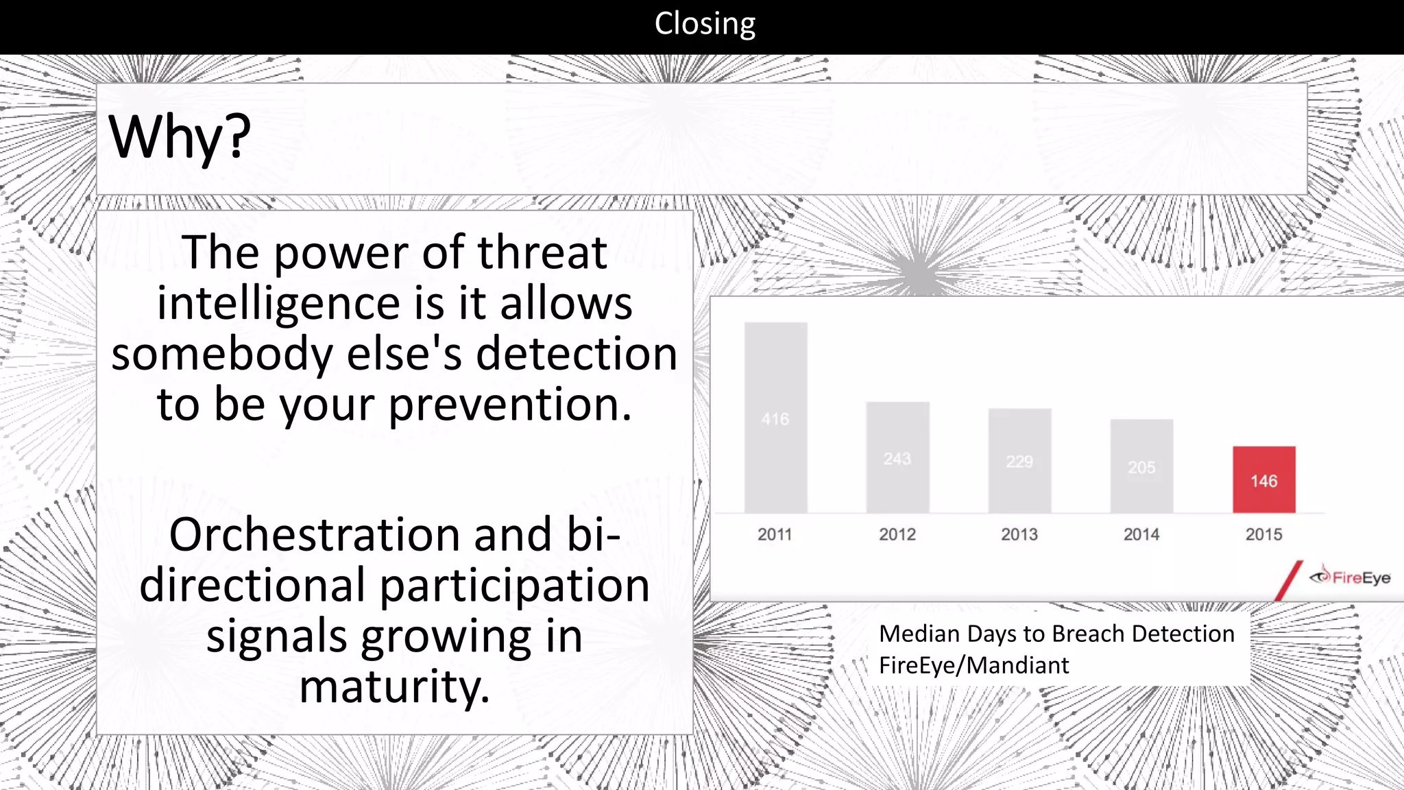 Why?
The power of threat
intelligence is it allows
somebody else's detection
to be your prevention.
Orchestration and bi-
directional participation
signals growing in
maturity.
Closing
Median Days to Breach Detection
FireEye/Mandiant
 