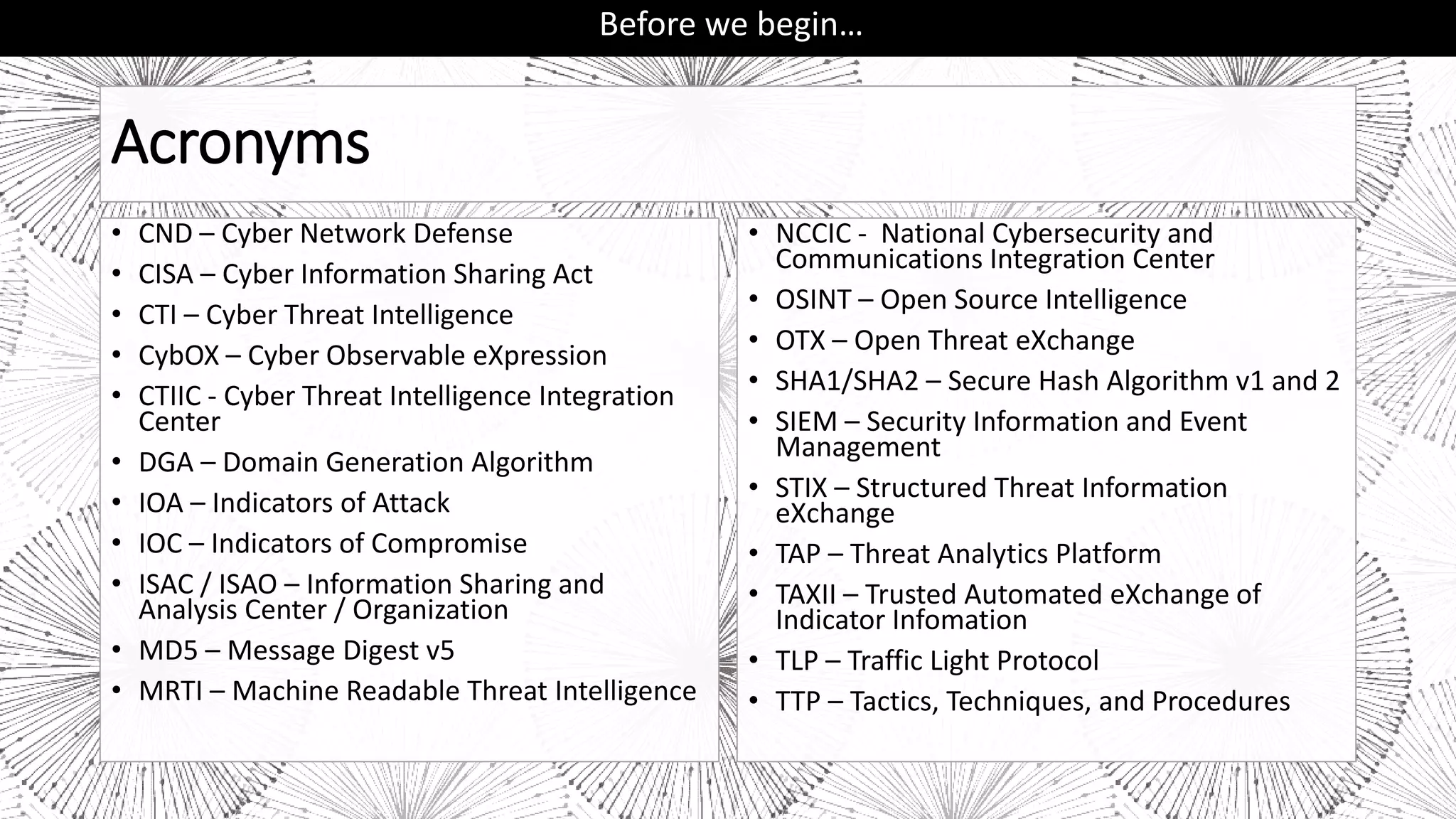 Acronyms
• CND – Cyber Network Defense
• CISA – Cyber Information Sharing Act
• CTI – Cyber Threat Intelligence
• CybOX – Cyber Observable eXpression
• CTIIC - Cyber Threat Intelligence Integration
Center
• DGA – Domain Generation Algorithm
• IOA – Indicators of Attack
• IOC – Indicators of Compromise
• ISAC / ISAO – Information Sharing and
Analysis Center / Organization
• MD5 – Message Digest v5
• MRTI – Machine Readable Threat Intelligence
• NCCIC - National Cybersecurity and
Communications Integration Center
• OSINT – Open Source Intelligence
• OTX – Open Threat eXchange
• SHA1/SHA2 – Secure Hash Algorithm v1 and 2
• SIEM – Security Information and Event
Management
• STIX – Structured Threat Information
eXchange
• TAP – Threat Analytics Platform
• TAXII – Trusted Automated eXchange of
Indicator Infomation
• TLP – Traffic Light Protocol
• TTP – Tactics, Techniques, and Procedures
Before we begin…
 