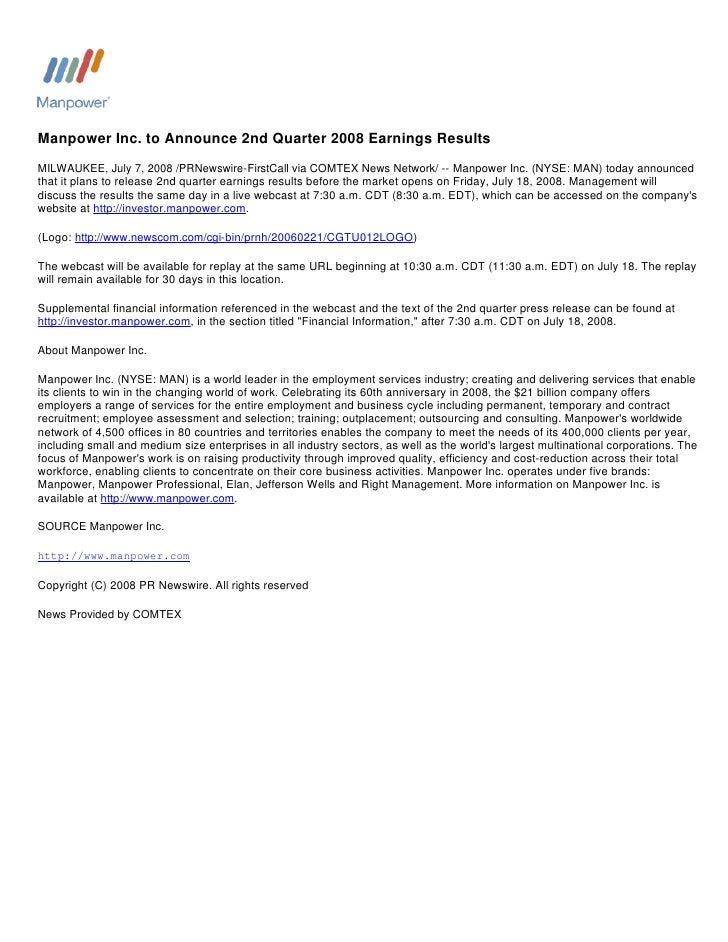 View Summary Manpower Inc To Announce 2nd Quarter 2008