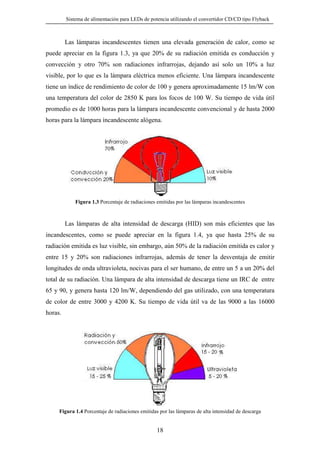 Sistema de alimentación para LEDs de potencia utilizando el convertidor CD/CD tipo Flyback

Las lámparas incandescentes tienen una elevada generación de calor, como se
puede apreciar en la figura 1.3, ya que 20% de su radiación emitida es conducción y
convección y otro 70% son radiaciones infrarrojas, dejando así solo un 10% a luz
visible, por lo que es la lámpara eléctrica menos eficiente. Una lámpara incandescente
tiene un índice de rendimiento de color de 100 y genera aproximadamente 15 lm/W con
una temperatura del color de 2850 K para los focos de 100 W. Su tiempo de vida útil
promedio es de 1000 horas para la lámpara incandescente convencional y de hasta 2000
horas para la lámpara incandescente alógena.

Figura 1.3 Porcentaje de radiaciones emitidas por las lámparas incandescentes

Las lámparas de alta intensidad de descarga (HID) son más eficientes que las
incandescentes, como se puede apreciar en la figura 1.4, ya que hasta 25% de su
radiación emitida es luz visible, sin embargo, aún 50% de la radiación emitida es calor y
entre 15 y 20% son radiaciones infrarrojas, además de tener la desventaja de emitir
longitudes de onda ultravioleta, nocivas para el ser humano, de entre un 5 a un 20% del
total de su radiación. Una lámpara de alta intensidad de descarga tiene un IRC de entre
65 y 90, y genera hasta 120 lm/W, dependiendo del gas utilizado, con una temperatura
de color de entre 3000 y 4200 K. Su tiempo de vida útil va de las 9000 a las 16000
horas.

Figura 1.4 Porcentaje de radiaciones emitidas por las lámparas de alta intensidad de descarga

18

 