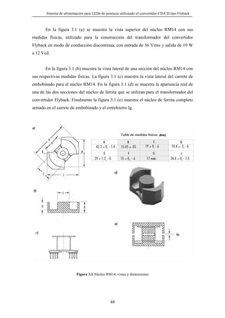 Sistema de alimentación para LEDs de potencia utilizando el convertidor CD/CD tipo Flyback

En la figura 3.1 (a) se muestra la vista superior del núcleo RM14 con sus
medidas físicas, utilizado para la construcción del transformador del convertidor
Flyback en modo de conducción discontinua, con entrada de 36 Vrms y salida de 10 W
a 12 Vcd.

En la figura 3.1 (b) muestra la vista lateral de una sección del núcleo RM14 con
sus respectivas medidas físicas. La figura 3.1 (c) muestra la vista lateral del carrete de
embobinado para el núcleo RM14. En la figura 3.1 (d) se muestra la apariencia real de
una de las dos secciones del núcleo de ferrita que se utilizan para el transformador del
convertidor Flyback. Finalmente la figura 3.1 (e) muestra el núcleo de ferrita completo
armado en el carrete de embobinado y el entrehierro Ig.

Figura 3.1 Núcleo RM14, vistas y dimensiones

48

 
