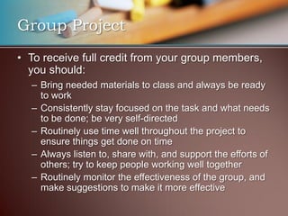 Group Project
• To receive full credit from your group members,
  you should:
  – Bring needed materials to class and always be ready
    to work
  – Consistently stay focused on the task and what needs
    to be done; be very self-directed
  – Routinely use time well throughout the project to
    ensure things get done on time
  – Always listen to, share with, and support the efforts of
    others; try to keep people working well together
  – Routinely monitor the effectiveness of the group, and
    make suggestions to make it more effective
 