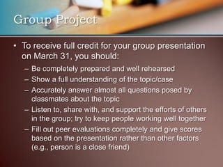 Group Project

• To receive full credit for your group presentation
  on March 31, you should:
   – Be completely prepared and well rehearsed
   – Show a full understanding of the topic/case
   – Accurately answer almost all questions posed by
     classmates about the topic
   – Listen to, share with, and support the efforts of others
     in the group; try to keep people working well together
   – Fill out peer evaluations completely and give scores
     based on the presentation rather than other factors
     (e.g., person is a close friend)
 