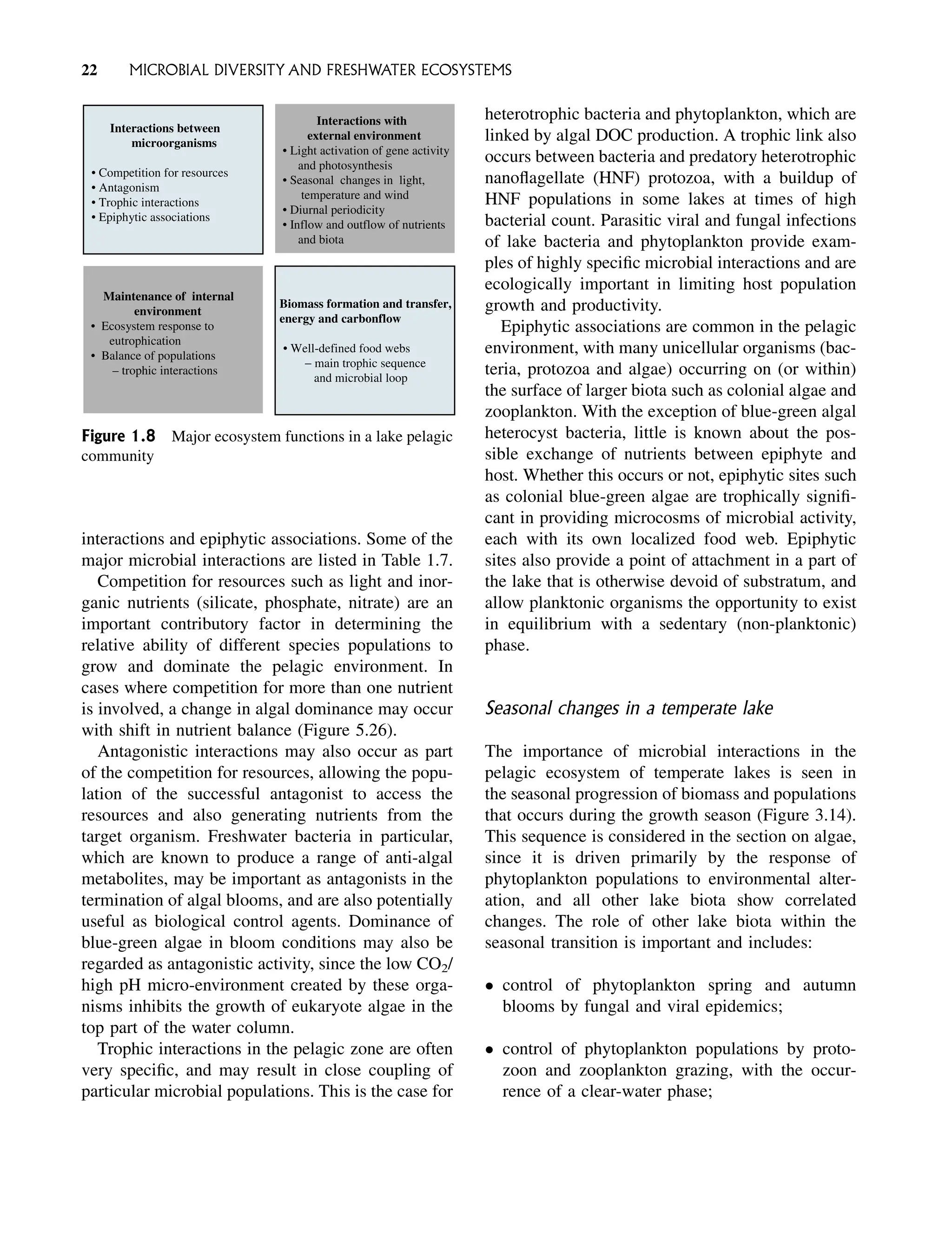 interactions and epiphytic associations. Some of the
major microbial interactions are listed in Table 1.7.
Competition for resources such as light and inor-
ganic nutrients (silicate, phosphate, nitrate) are an
important contributory factor in determining the
relative ability of different species populations to
grow and dominate the pelagic environment. In
cases where competition for more than one nutrient
is involved, a change in algal dominance may occur
with shift in nutrient balance (Figure 5.26).
Antagonistic interactions may also occur as part
of the competition for resources, allowing the popu-
lation of the successful antagonist to access the
resources and also generating nutrients from the
target organism. Freshwater bacteria in particular,
which are known to produce a range of anti-algal
metabolites, may be important as antagonists in the
termination of algal blooms, and are also potentially
useful as biological control agents. Dominance of
blue-green algae in bloom conditions may also be
regarded as antagonistic activity, since the low CO2/
high pH micro-environment created by these orga-
nisms inhibits the growth of eukaryote algae in the
top part of the water column.
Trophic interactions in the pelagic zone are often
very specific, and may result in close coupling of
particular microbial populations. This is the case for
heterotrophic bacteria and phytoplankton, which are
linked by algal DOC production. A trophic link also
occurs between bacteria and predatory heterotrophic
nanoflagellate (HNF) protozoa, with a buildup of
HNF populations in some lakes at times of high
bacterial count. Parasitic viral and fungal infections
of lake bacteria and phytoplankton provide exam-
ples of highly specific microbial interactions and are
ecologically important in limiting host population
growth and productivity.
Epiphytic associations are common in the pelagic
environment, with many unicellular organisms (bac-
teria, protozoa and algae) occurring on (or within)
the surface of larger biota such as colonial algae and
zooplankton. With the exception of blue-green algal
heterocyst bacteria, little is known about the pos-
sible exchange of nutrients between epiphyte and
host. Whether this occurs or not, epiphytic sites such
as colonial blue-green algae are trophically signifi-
cant in providing microcosms of microbial activity,
each with its own localized food web. Epiphytic
sites also provide a point of attachment in a part of
the lake that is otherwise devoid of substratum, and
allow planktonic organisms the opportunity to exist
in equilibrium with a sedentary (non-planktonic)
phase.
Seasonal changes in a temperate lake
The importance of microbial interactions in the
pelagic ecosystem of temperate lakes is seen in
the seasonal progression of biomass and populations
that occurs during the growth season (Figure 3.14).
This sequence is considered in the section on algae,
since it is driven primarily by the response of
phytoplankton populations to environmental alter-
ation, and all other lake biota show correlated
changes. The role of other lake biota within the
seasonal transition is important and includes:
 control of phytoplankton spring and autumn
blooms by fungal and viral epidemics;
 control of phytoplankton populations by proto-
zoon and zooplankton grazing, with the occur-
rence of a clear-water phase;
Interactions between
microorganisms
• Competition for resources
• Antagonism
• Trophic interactions
• Epiphytic associations
Interactions with
external environment
• Light activation of gene activity
and photosynthesis
• Seasonal changes in light,
temperature and wind
• Diurnal periodicity
• Inflow and outflow of nutrients
and biota
Maintenance of internal
environment
• Ecosystem response to
eutrophication
• Balance of populations
– trophic interactions
Biomass formation and transfer,
energy and carbonflow
• Well-defined food webs
− main trophic sequence
and microbial loop
Figure 1.8 Major ecosystem functions in a lake pelagic
community
22 MICROBIAL DIVERSITY AND FRESHWATER ECOSYSTEMS
 