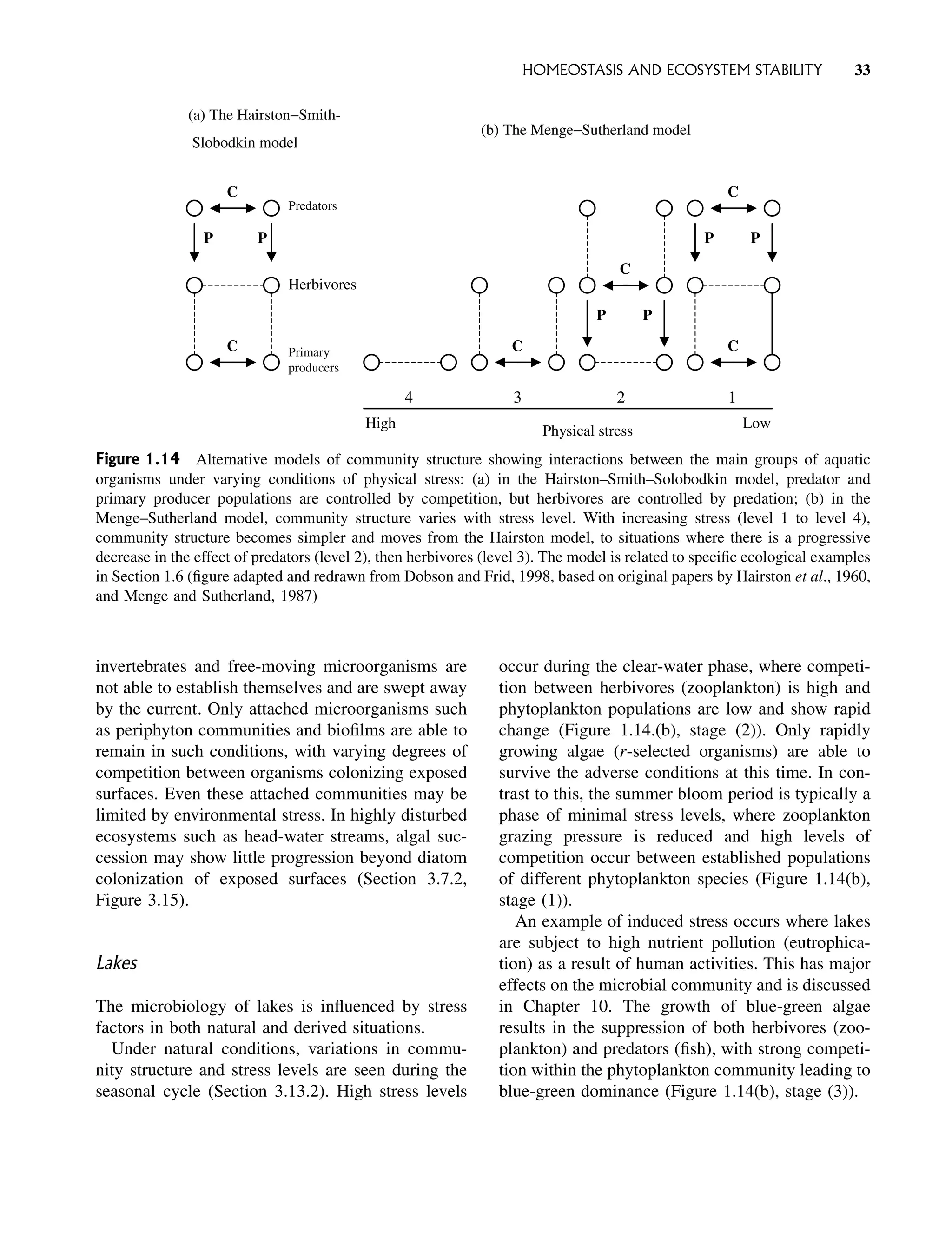 invertebrates and free-moving microorganisms are
not able to establish themselves and are swept away
by the current. Only attached microorganisms such
as periphyton communities and biofilms are able to
remain in such conditions, with varying degrees of
competition between organisms colonizing exposed
surfaces. Even these attached communities may be
limited by environmental stress. In highly disturbed
ecosystems such as head-water streams, algal suc-
cession may show little progression beyond diatom
colonization of exposed surfaces (Section 3.7.2,
Figure 3.15).
Lakes
The microbiology of lakes is influenced by stress
factors in both natural and derived situations.
Under natural conditions, variations in commu-
nity structure and stress levels are seen during the
seasonal cycle (Section 3.13.2). High stress levels
occur during the clear-water phase, where competi-
tion between herbivores (zooplankton) is high and
phytoplankton populations are low and show rapid
change (Figure 1.14.(b), stage (2)). Only rapidly
growing algae (r-selected organisms) are able to
survive the adverse conditions at this time. In con-
trast to this, the summer bloom period is typically a
phase of minimal stress levels, where zooplankton
grazing pressure is reduced and high levels of
competition occur between established populations
of different phytoplankton species (Figure 1.14(b),
stage (1)).
An example of induced stress occurs where lakes
are subject to high nutrient pollution (eutrophica-
tion) as a result of human activities. This has major
effects on the microbial community and is discussed
in Chapter 10. The growth of blue-green algae
results in the suppression of both herbivores (zoo-
plankton) and predators (fish), with strong competi-
tion within the phytoplankton community leading to
blue-green dominance (Figure 1.14(b), stage (3)).
Predators
Herbivores
Primary
producers
C
P
P
P
P
P
C
C
C
C
C
P
High Low
Physical stress
(a) The Hairston−Smith-
Slobodkin model
(b) The Menge−Sutherland model
4 3 2 1
Figure 1.14 Alternative models of community structure showing interactions between the main groups of aquatic
organisms under varying conditions of physical stress: (a) in the Hairston–Smith–Solobodkin model, predator and
primary producer populations are controlled by competition, but herbivores are controlled by predation; (b) in the
Menge–Sutherland model, community structure varies with stress level. With increasing stress (level 1 to level 4),
community structure becomes simpler and moves from the Hairston model, to situations where there is a progressive
decrease in the effect of predators (level 2), then herbivores (level 3). The model is related to specific ecological examples
in Section 1.6 (figure adapted and redrawn from Dobson and Frid, 1998, based on original papers by Hairston et al., 1960,
and Menge and Sutherland, 1987)
HOMEOSTASIS AND ECOSYSTEM STABILITY 33
 
