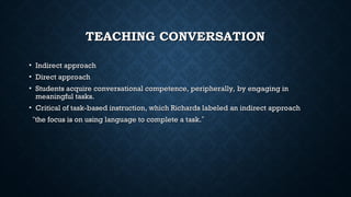TEACHING CONVERSATION
TEACHING CONVERSATION
• Indirect approach
Indirect approach
• Direct approach
Direct approach
• Students acquire conversational competence, peripherally, by engaging in
Students acquire conversational competence, peripherally, by engaging in
meaningful tasks.
meaningful tasks.
• Critical of task-based instruction, which Richards labeled an indirect approach
Critical of task-based instruction, which Richards labeled an indirect approach
“
“the focus is on using language to complete a task.
the focus is on using language to complete a task.”
”
 