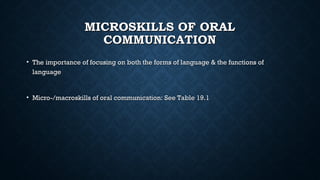 MICROSKILLS OF ORAL
MICROSKILLS OF ORAL
COMMUNICATION
COMMUNICATION
• The importance of focusing on both the forms of language & the functions of
The importance of focusing on both the forms of language & the functions of
language
language
• Micro-/macroskills of oral communication: See Table 19.1
Micro-/macroskills of oral communication: See Table 19.1
 