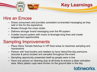 Hire an Emcee
– Draws consumers and provides consistent co-branded messaging as they
wait in line for the experience
– Breaks through the noise clutter
– Delivers stronger brand messaging over the PA system
– A better sound system with music to leverage long lines and create
engagement opportunities
Sampling Improvements
– Place Heinz Tomato Ketchup in VIP food areas to maximize sampling and
impressions
– Partner with food booths and retailers to have Heinz/Ore-Ida premiums
(koozies & pens) located and sampled throughout the event
– Sampling opportunity presented itself as people were in line
– Have one person on cleaning duty at all times to ensure a clean activation
area. Many plastic cups were thrown on the ground later in the day.
Key Learnings
 