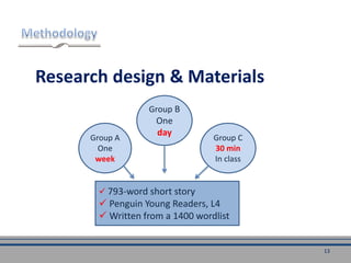 Research design & Materials
Group B
One
day
Group A
One
week
Group C
30 min
In class
 793-word short story
 Penguin Young Readers, L4
 Written from a 1400 wordlist
13
 