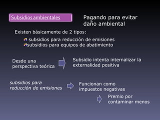 Pagando para evitar
                               daño ambiental
  Existen básicamente de 2 tipos:
        subsidios para reducción de emisiones
       subsidios para equipos de abatimiento


 Desde una                 Subsidio intenta internalizar la
 perspectiva teórica       externalidad positiva


subsidios para               Funcionan como
reducción de emisiones       impuestos negativas
                                           Premio por
                                           contaminar menos
 
