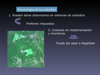 Desventajas de los subsidios
1. Pueden darse distorsiones en sistemas de subsidios


            Prefieren impuestos

                            2. Costosos en implementación
                            y monitoreo


                                     Puede dar paso a ilegalidad
 