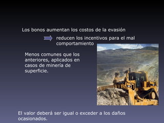 Los bonos aumentan los costos de la evasión
                reducen los incentivos para el mal
                comportamiento

  Menos comunes que los
  anteriores, aplicados en
  casos de minería de
  superficie.




El valor deberá ser igual o exceder a los daños
ocasionados.
 