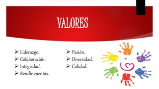 VALORES
 Liderazgo.
 Colaboración.
 Integridad.
 Rendir cuentas.
 Pasión.
 Diversidad.
 Calidad.
 