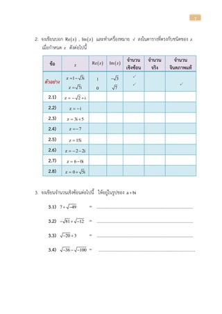 7
2. จงเขียนบอก  Re z ,  Im z และทาเครื่องหมาย √ ลงในตารางที่ตรงกับชนิดของ z
เมื่อกาหนด z ดังต่อไปนี้
ข้อ z  Re z  Im z
จานวน
เชิงซ้อน
จานวน
จริง
จานวน
จินตภาพแท้
ตัวอย่ำง
z 1 3i 
z 7i
1
0
3
7
√
√ √
2.1) z 2 i  
2.2) z i 
2.3) z 3i 5 
2.4) z 7
2.5) z 15i
2.6) z 2 2i  
2.7) z 6 0i 
2.8) z 0 5i 
3. จงเขียนจานวนเชิงซ้อนต่อไปนี้ ให้อยู่ในรูปของ a bi
3.1) 7 49   ………………………………………………………………………………
3.2) 81 12    ………………………………………………………………………………
3.3) 20 3   ………………………………………………………………………………
3.4) 36 100    ………………………………………………………………………………
 