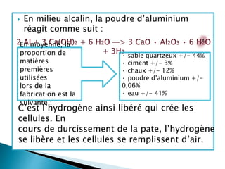  En milieu alcalin, la poudre d’aluminium
réagit comme suit :
En moyenne, la
proportion de
matières
premières
utilisées
lors de la
fabrication est la
suivante :
• sable quartzeux +/- 44%
• ciment +/- 3%
• chaux +/- 12%
• poudre d’aluminium +/-
0,06%
• eau +/- 41%
C’est l’hydrogène ainsi libéré qui crée les
cellules. En
cours de durcissement de la pate, l’hydrogène
se libère et les cellules se remplissent d’air.
 
