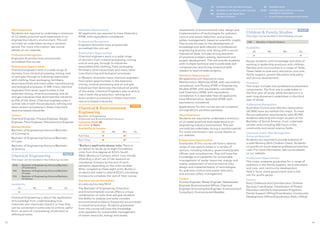 JO Available on the Joondalup Campus
ML Available on the Mount Lawley Campus
BU Available on the South West
(Bunbury) Campus
OL Available online
OLOC Available online with an on-campus
attendance requirement
+ Cross Campus attendance requirement
Children  Family Studies
MAJOR
This major can be studied in the following course:
C58 - Bachelor of Social Science
Availability
JO ML BU OL
● ●
Equips students with knowledge and skills of
working in leadership positions with children,
families and communities in a range of fields.
These fields include early education and care,
family support, parent education and policy
and service development.
Practicum
This major includes two professional placement
components. The first one is undertaken in
the first year of study, while the second is a
year‑long placement undertaken in the third
year of study.  
Professional Recognition
Australian Community Workers Association
(ACWA) have accredited this major. To meet
the accreditation requirements with ACWA,
students selecting this major as part of the
Bachelor of Social Science, must undertake
certain units including 400 hours in the
community and social science fields.
Clearance and/or Risk Management
Protocols Required: 
Students are required to provide evidence of
a valid Working With Children Check. Students
on practicum must observe professional practice
rules. For more information, see course details
on our website.
Employment Opportunities
This major prepares graduates for a range of
positions in the family support, early education
and care, and community development
field in local, state government and in the
not‑for‑profit sector.
Careers
Early Childhood and Care Educator, Children
Services Coordinator, Coordinator of Parent
Education and Early Intervention Programs,
Family Support Officer/Coordinator, Community
Development Officer/Coordinator, Policy Officer
assessment of environmental risks, design and
implementation of technologies for pollution
control and waste reduction, and process
safety management, based on scientific insight.
The course focuses on the development of
knowledge and skills relevant to professional
engineering practice, and, along with a sound
theoretical base, includes strong elements
of practical problem-solving, teamwork and
project development. This will provide students
with multiple technical and transferable skill
competencies and strong analytical skills
needed to lead complex projects.
Admission Requirements
All applicants are required to have
Mathematics: Methods ATAR, with equivalents
considered, and Physics ATAR or Engineering
Studies ATAR, with equivalents considered,
and Chemistry ATAR, with equivalents
considered. It is desirable that all applicants
have Mathematics: Specialist ATAR, with
equivalents considered.
Applications for this course are not accepted
through ECU’s portfolio pathway.
Work Experience
Students are required to undertake a minimum
of 12 weeks practical work experience in an
engineering industry environment. This will
normally be undertaken during a vacation period.
For more information, see course details on
our website.
Employment Opportunities
Graduates of this course will have a diverse
range of job opportunities in a variety of
sectors, including industry, government/public
offices, and consultancies. They will have the
knowledge and capability for sustainable
management of water resources, energy and
waste, assessment of environmental risks,
design and implementation of technologies
for pollution control and waste reduction,
and process safety management.
Careers
Process Engineer, Water Engineer, Wastewater
Engineer, Environmental Officer, Chemical
Engineer, Environmental Engineer, Environmental
Consultant, Environmental Modeller
Admission Requirements
All applicants are required to have Chemistry
ATAR, with equivalents considered.
Professional Recognition
Engineers Australia have provisionally
accredited this unit set.
Employment Opportunities
Chemical engineers work in a wide range
of domains from mineral processing, mining,
and oil and gas, through to industries
associated with clothing, food, packaging,
fertilisers, pharmaceuticals and many other
manufacturing and biological processes.
In Western Australia many chemical engineers
find career opportunities in the extensive
mining, mineral processing and oil and gas
industries that dominate the industrial profile
of the state. Chemical Engineers play a central
role in both the production, refining and
down stream processing in these important
resource‑based industries.
Chemical  Environmental
Engineering
COURSE
Bachelor of Engineering
(Chemical and Environmental) Honours
Indicative ATAR: 82
Duration: 4 Years
Availability  Campus
JO ML BU OL
Full-Time ●  ●*
Part-Time ●  ●*
*Bunbury applicants please note: There is
an option to study up to eight foundation
units from this degree at ECU’s South
West (Bunbury) Campus which may include
attending a short set of lab sessions at
Joondalup Campus by the end of each
semester depending on the units studied.
After completing these eight units, Bunbury
students will need to attend ECU’s Joondalup
Campus to complete the rest of their course.
See more course information:
ecu.edu.au/courses/W13
The Bachelor of Engineering (Chemical
and Environmental) course offers a unique
combination of units that will give students
the ability to analyse and solve complex
environmental problems frequently encountered
in industrial practices. Students graduated
from this course will have the knowledge
and capability for sustainable management
of water resources, energy and waste,
Work Experience
Students are required to undertake a minimum
of 12 weeks practical work experience in an
engineering industry environment. This will
normally be undertaken during a vacation
period. For more information, see course
details on our website.
Professional Recognition
Engineers Australia have provisionally
accredited this course.
Employment Opportunities
Chemical engineers work in a wide range of
domains from mineral processing, mining, and
oil and gas, through to industries associated
with clothing, food, packaging, fertilisers,
pharmaceuticals and many other manufacturing
and biological processes. In WA, many chemical
engineers find career opportunities in the
extensive mining, mineral processing, and oil
and gas industries that dominate the industrial
profile of the state. Chemical engineers play a
central role in both the production, refining and
down stream processing in these important
resource-based industries.
Careers
Chemical Engineer, Process Engineer, Design
Engineer, Plant Engineer, Petrochemical Engineer
Related Studies
Bachelor of Engineering Honours/Bachelor
of Commerce
Bachelor of Engineering Honours/Bachelor
of Laws
Bachelor of Engineering Honours/Bachelor
of Science
Chemical Engineering
MAJOR
This major can be studied in the following courses:
W26 - Bachelor of Engineering Honours/Bachelor
of Commerce
Y66 - Bachelor of Engineering Honours/Bachelor
of Laws
Y74 - Bachelor of Engineering Honours/Bachelor
of Science
Availability
JO ML BU OL
●
Chemical Engineering is about the application
of knowledge from understanding how
materials and chemicals interact or how they
can be converted in some way to a more useful
form, as part of a processing, production or
refining process.
4342
 