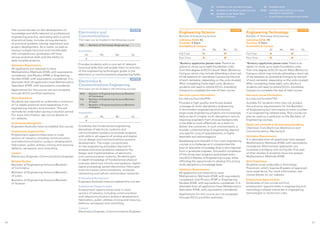 JO Available on the Joondalup Campus
ML Available on the Mount Lawley Campus
BU Available on the South West
(Bunbury) Campus
OL Available online
OLOC Available online with an on-campus
attendance requirement
+ Cross Campus attendance requirement
Engineering Technology
COURSE
Bachelor of Technology (Engineering)
Indicative ATAR: 70
Duration: 3 Years
Availability  Campus
JO ML BU OL
Full-Time ●  ●*
Part-Time ●  ●*
*Bunbury applicants please note: There is an
option to study up to eight foundation units
from this degree at ECU’s South West (Bunbury)
Campus, which may include attending a short set
of lab sessions at Joondalup Campus by the end
of each semester, depending on the units studied.
After completing these eight units, Bunbury
students will need to attend ECU’s Joondalup
Campus to complete the rest of their course.
See more course information:
ecu.edu.au/courses/Y62
Suitable for students who may not achieve
the entrance requirements for the Bachelor
of Engineering but who aspire to have a career
in an engineering-related area. This course can
also be used as a pathway to the Bachelor of
Engineering courses.
Majors are available in the following disciplines:
Chemical, Civil, Electrical, Electronics and
Communications, Mechanical
Admission Requirements
It is desirable that all applicants have passed
Mathematics: Methods ATAR, with equivalents
considered. Alternatively applicants can
complete a bridging unit during the first year
of their studies if students have not passed
Mathematics: Methods ATAR.
Work Experience
Students must undertake a Technology
Practicum, which requires 8 weeks of approved
work experience. For more information, see
course details on our website.
Employment Opportunities
Graduates of the course will find
employment opportunities in engineering and
technology‑related industries in engineering
technologist or technician roles.
Engineering Science
COURSE
Bachelor of Engineering Science
Indicative ATAR: 92
Duration: 3 Years
Availability  Campus
JO ML BU OL
Full-Time ●  ●*
Part-Time ●  ●*
*Bunbury applicants please note: There is an
option to study up to eight foundation units
from this degree at ECU’s South West (Bunbury)
Campus, which may include attending a short set
of lab sessions at Joondalup Campus by the end
of each semester, depending on the units studied.
After completing these eight units, Bunbury
students will need to attend ECU’s Joondalup
Campus to complete the rest of their course.
See more course information:
ecu.edu.au/courses/K94
Provides a high-quality and broad-based
coverage of multi-disciplinary engineering.
In the modern engineering environment,
large‑scale engineering projects are increasingly
likely to be of a highly multi-disciplinary nature,
requiring engineers from diverse backgrounds
to be able to work effectively as a team to
deliver the outcomes. In such environments, a
broader understanding of engineering, beyond
one specific area of specialisation, is highly
desirable and advantageous.
Developing such breadth in four-year engineering
courses is a challenge as it compromises the
level of specialist knowledge that is also required
from a graduate engineer. Successful completion
of this three-year program guarantees entry
into ECU’s Master of Engineering course, while
affording the opportunity to develop this strong
multi‑disciplinary knowledge base.
Admission Requirements
All applicants are required to have
Mathematics: Methods ATAR, with equivalents
considered, and Physics ATAR or Engineering
Studies ATAR, with equivalents considered. It is
desirable that all applicants have Mathematics:
Specialist ATAR, with equivalents considered.
Applications for this course are not accepted
through ECU’s portfolio pathway.
Electronics and
Communications
MAJOR
This major can be studied in the following course:
Y62 - Bachelor of Technology (Engineering)
Availability
JO ML BU OL
●
Provides students with a core set of relevant
technical skills that will enable them to practice
at the engineering technologist grade in the
electronic or communications engineering fields.
Electronics 
Communications Engineering
MAJOR
This major can be studied in the following courses:
W26 - Bachelor of Engineering Honours/Bachelor
of Commerce
Y66 - Bachelor of Engineering Honours/Bachelor
of Laws
Y74 - Bachelor of Engineering Honours/Bachelor
of Science
Availability
JO ML BU OL
●
Combines the fundamental engineering
disciplines of electronic systems and
communication systems to provide students
with skills in all aspects of analog and digital
circuit design and communications systems
development. The major concentrates
on the engineering principles required to
analyse and solve problems related to the
design and implementation of electronic
and communication systems. Students gain
in-depth knowledge of fundamental physical
sciences, electronic circuits and systems, digital
signal processing, power electronics, fibre optic
and microwave communications, computer
networking and cellular and wireless networks.
Professional Recognition
Engineers Australia have accredited this unit set.
Employment Opportunities
Employment opportunities exist in most
sectors of industry, including communication
and telecommunication, product development,
fabrication, public utilities, mining and resource,
defence, aerospace and consulting.
Careers
Electronics Engineer, Communications Engineer
The course focuses on the development of
knowledge and skills relevant to professional
engineering practice, and along with a sound
theoretical base, includes strong elements
of practical problem-solving, teamwork and
project development. As a result, as well as
having multiple technical and transferable
skill competencies, graduates will have
strong analytical skills and the ability to
lead complex projects.
Admission Requirements
All applicants are required to have
Mathematics: Methods ATAR, with equivalents
considered, and Physics ATAR or Engineering
Studies ATAR, with equivalents considered. It is
desirable that all applicants have Mathematics:
Specialist ATAR, with equivalents considered.
Applications for this course are not accepted
through ECU’s portfolio pathway.
Work Experience
Students are required to undertake a minimum
of 12 weeks practical work experience in an
engineering industry environment. This will
normally be undertaken during a vacation period.
For more information, see course details on
our website.
Professional Recognition
Engineers Australia have accredited this course.
Employment Opportunities
Employment opportunities exist in most
sectors of industry, including communication
and telecommunication, product development,
fabrication, public utilities, mining and resource,
defence, aerospace, and consulting.
Careers
Electronics Engineer, Communications Engineer
Related Studies
Bachelor of Engineering Honours/Bachelor
of Commerce
Bachelor of Engineering Honours/Bachelor
of Laws
Bachelor of Engineering Honours/Bachelor
of Science
6160
 